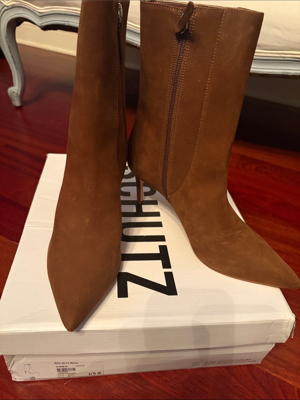 SCHUTZ Brown Suede Pointed-Toe Mid-Calf Stiletto Boots
